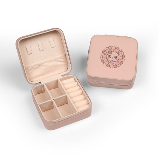 Compact Pink Travel Jewelry Case with Cute Bunny Mandala — Portable Ring & Earring Organizer