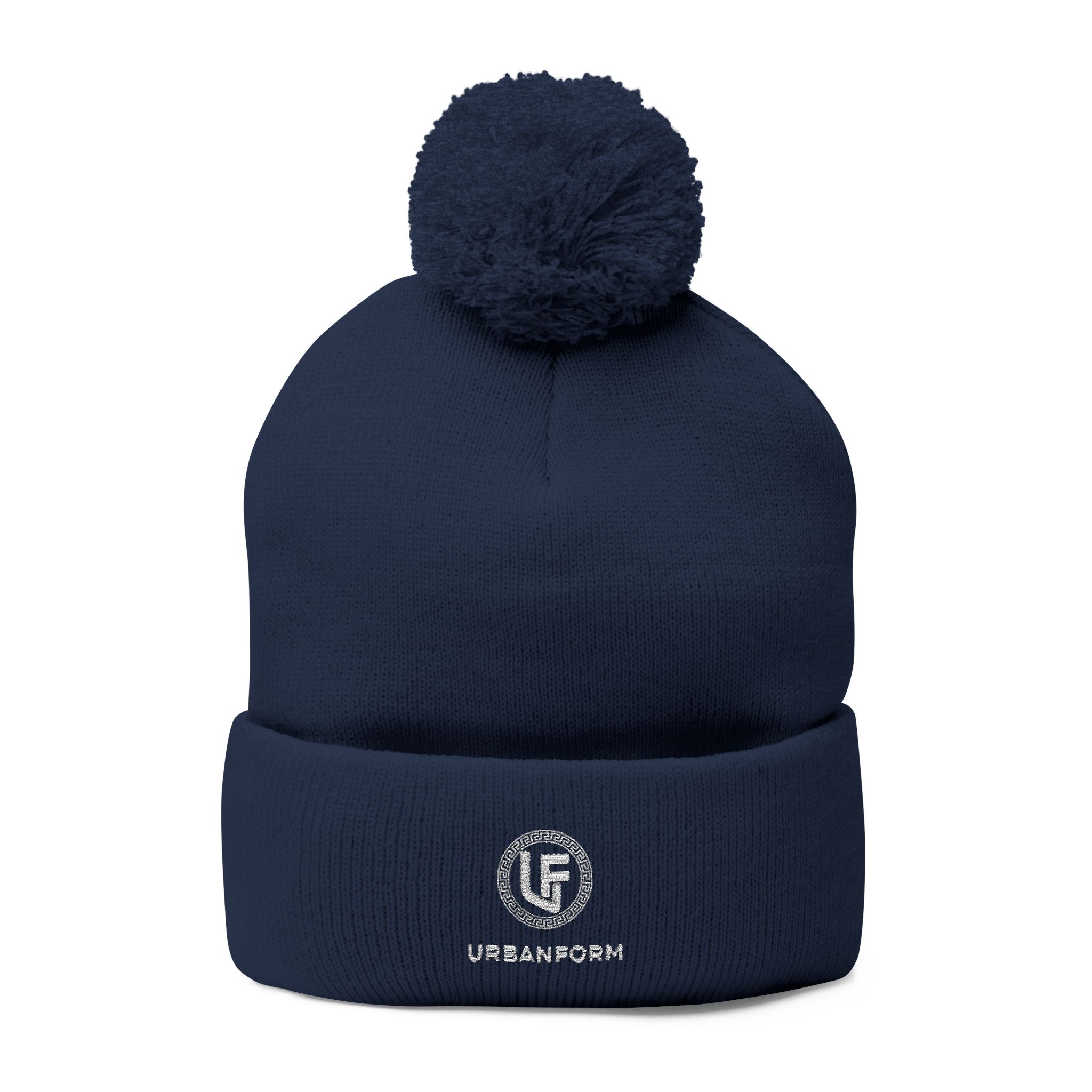 URBANFORM Embroidered Pom-Pom Beanie | Cozy Winter Knit Cap