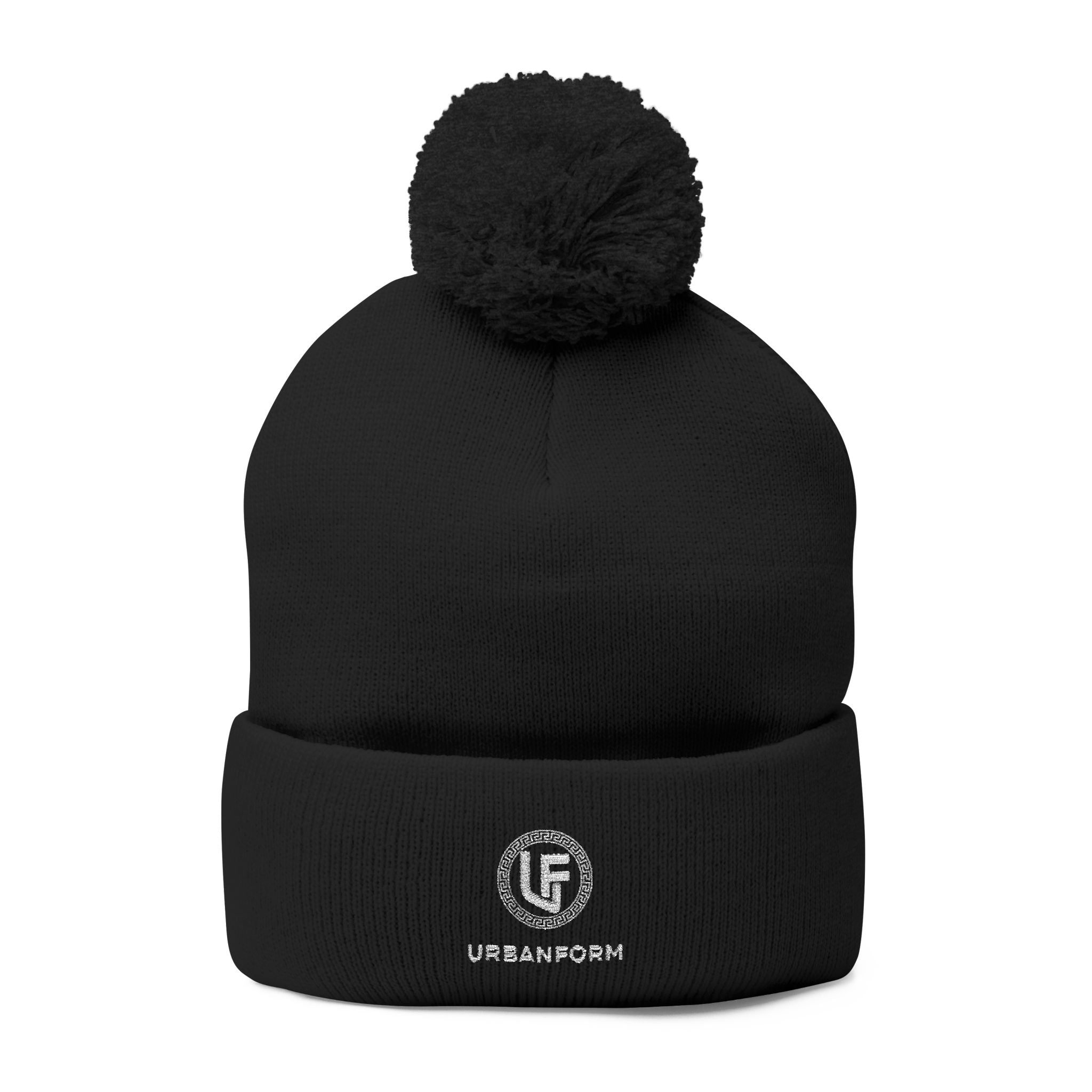 URBANFORM Embroidered Pom-Pom Beanie | Cozy Winter Knit Cap