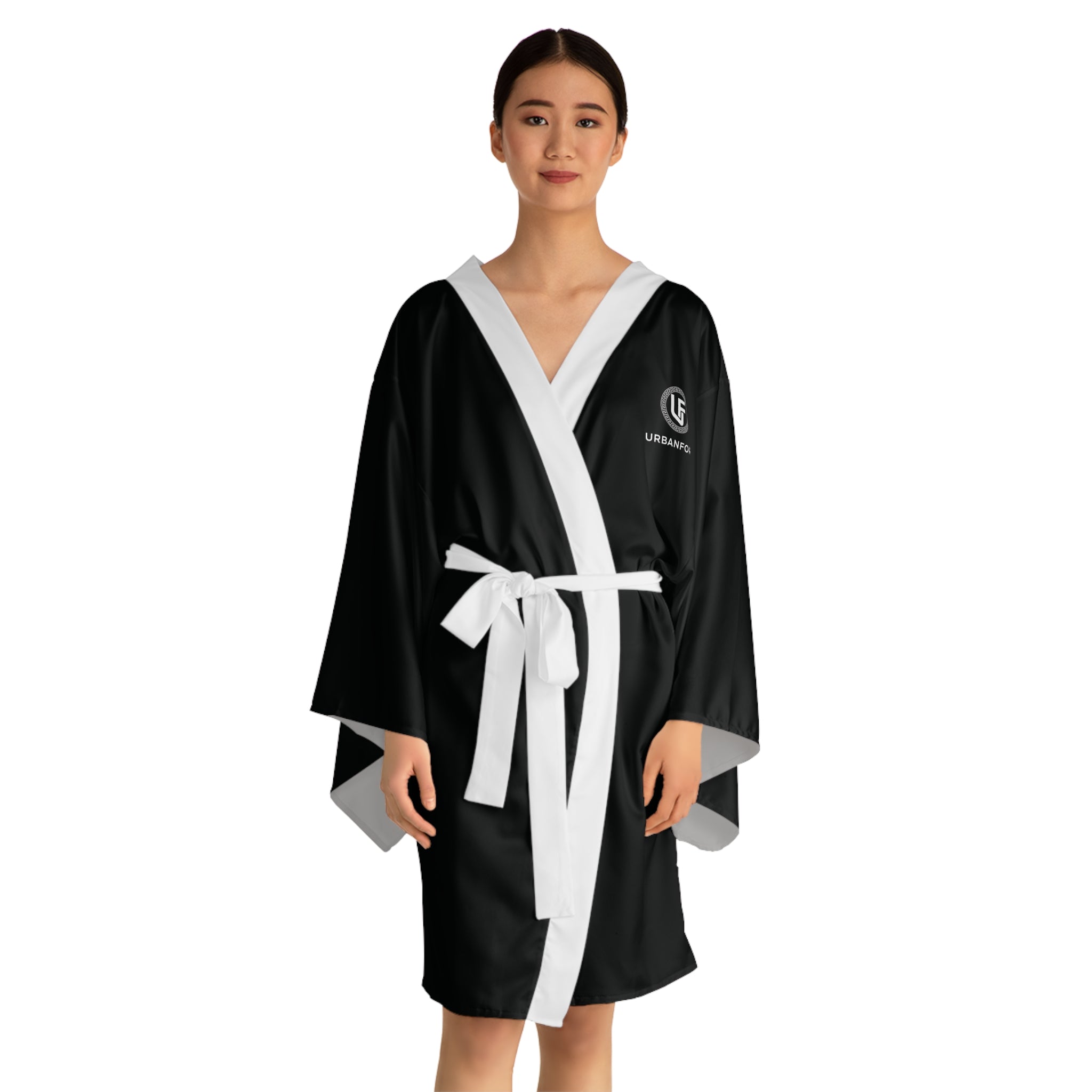URBANFORM Black Kimono Robe | Minimal Logo Long Sleeve Lounge Jacket