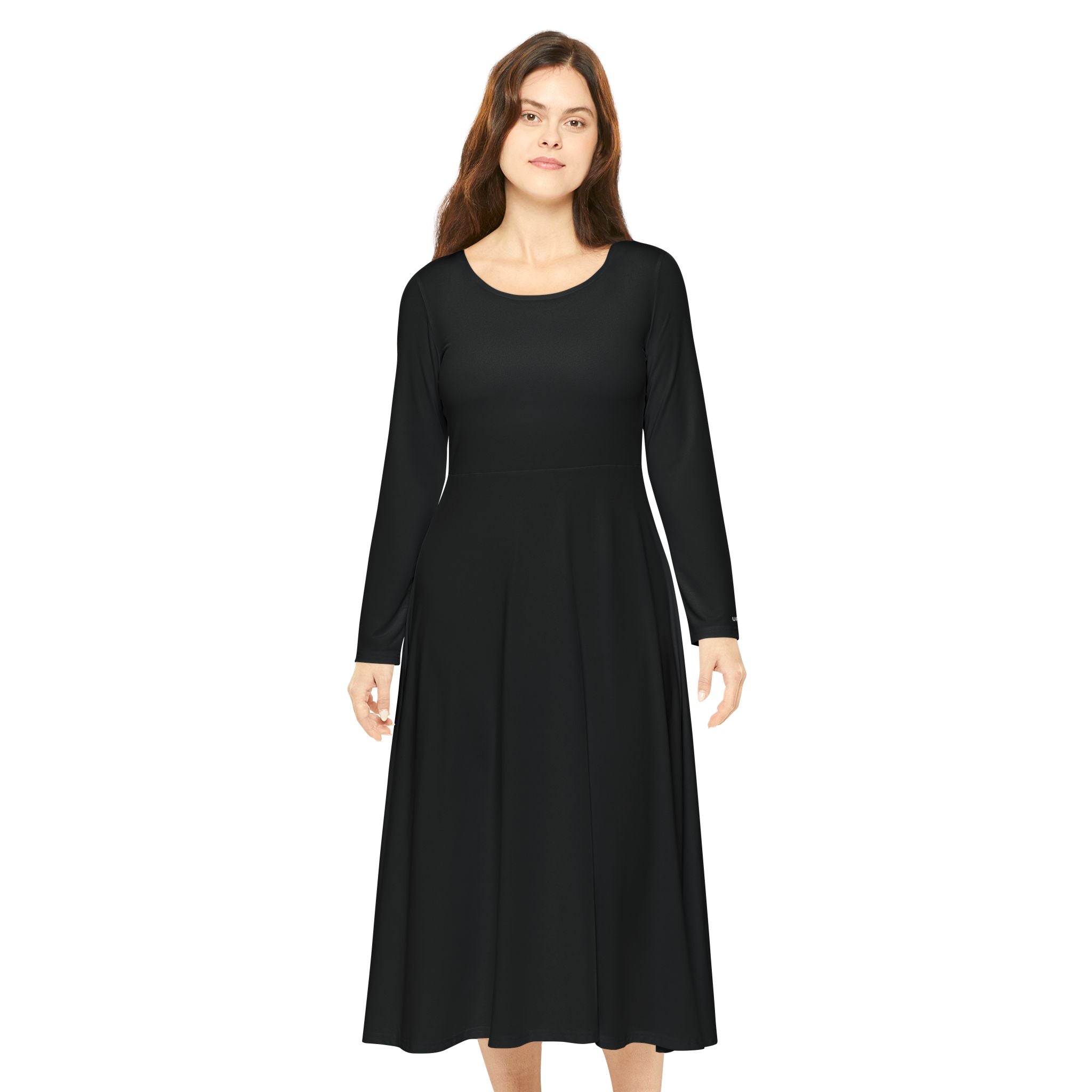 URBANFORM Women's Long Sleeve Black Dance Dress | Flared Skirt Performance Gown