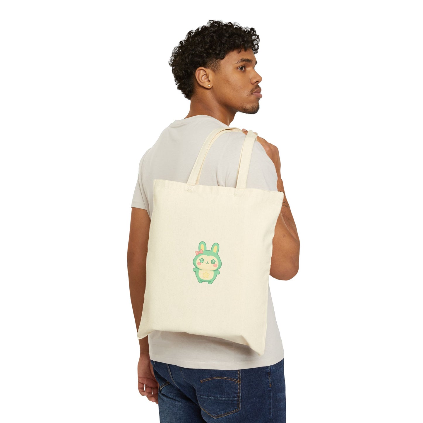 Kawaii Green Bunny Illustration Tote Bag | Cute Pastel Rabbit Canvas