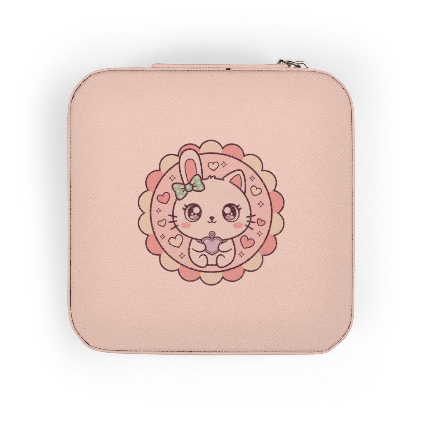 Compact Pink Travel Jewelry Case with Cute Bunny Mandala — Portable Ring & Earring Organizer