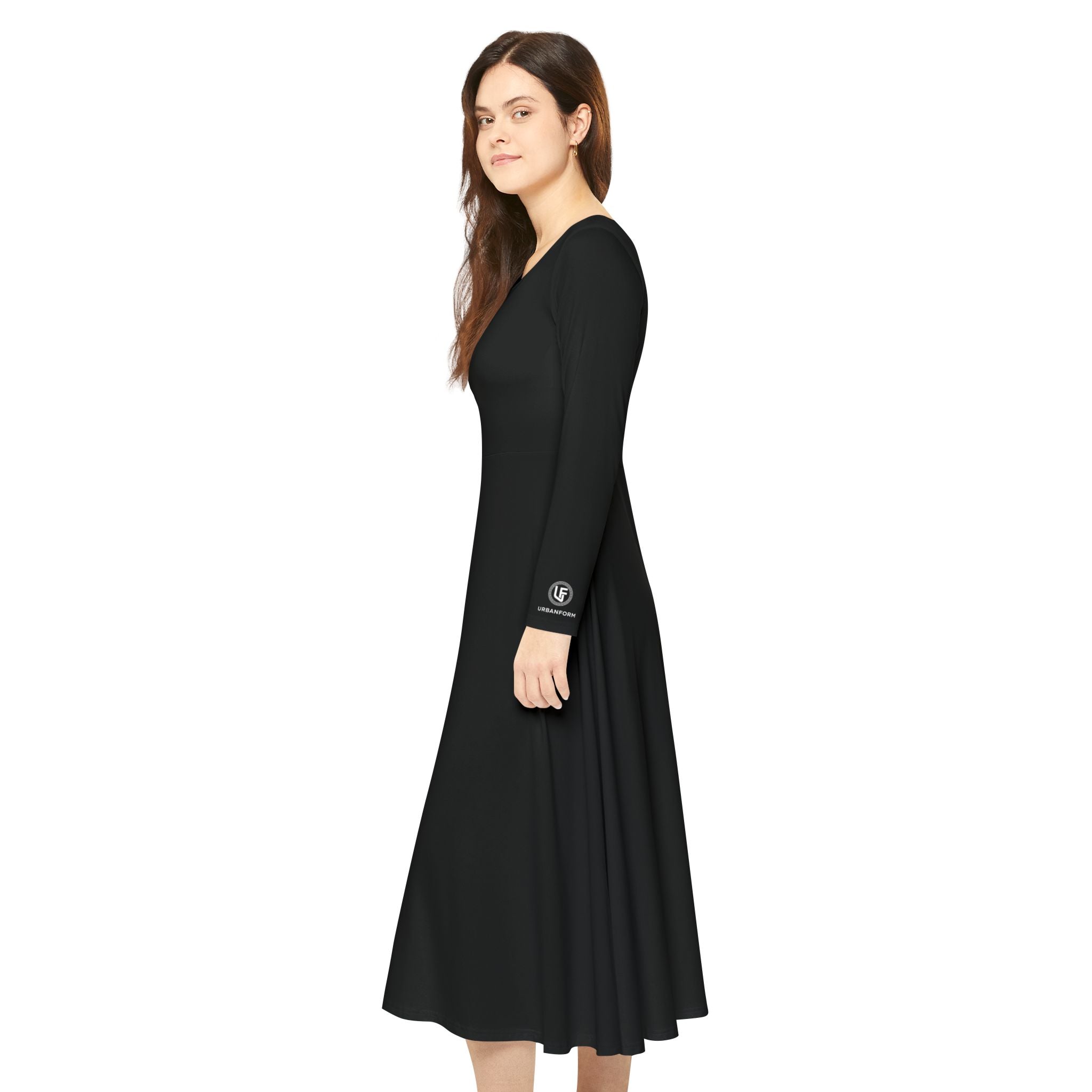 URBANFORM Women's Long Sleeve Black Dance Dress | Flared Skirt Performance Gown