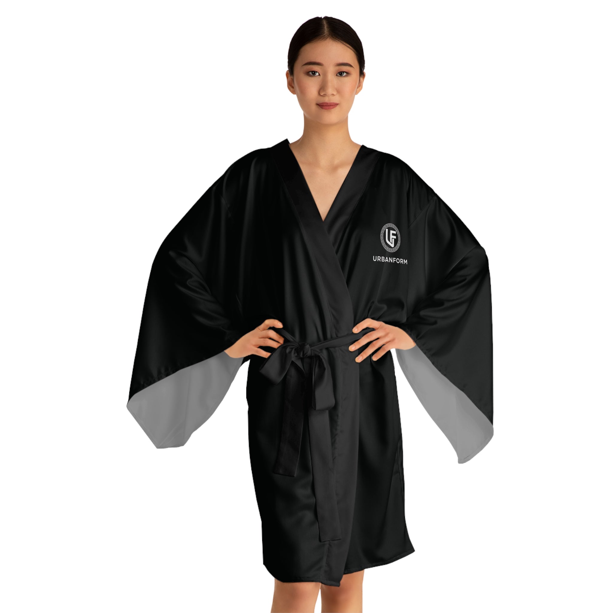 URBANFORM Black Kimono Robe | Minimal Logo Long Sleeve Lounge Jacket