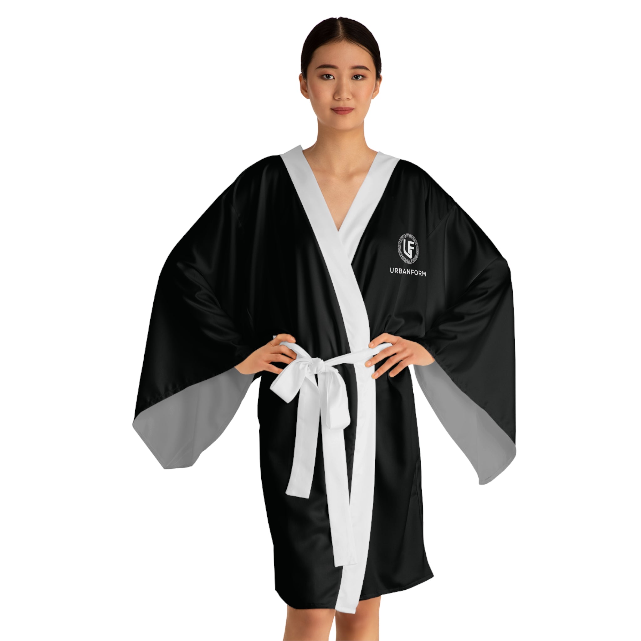 URBANFORM Black Kimono Robe | Minimal Logo Long Sleeve Lounge Jacket