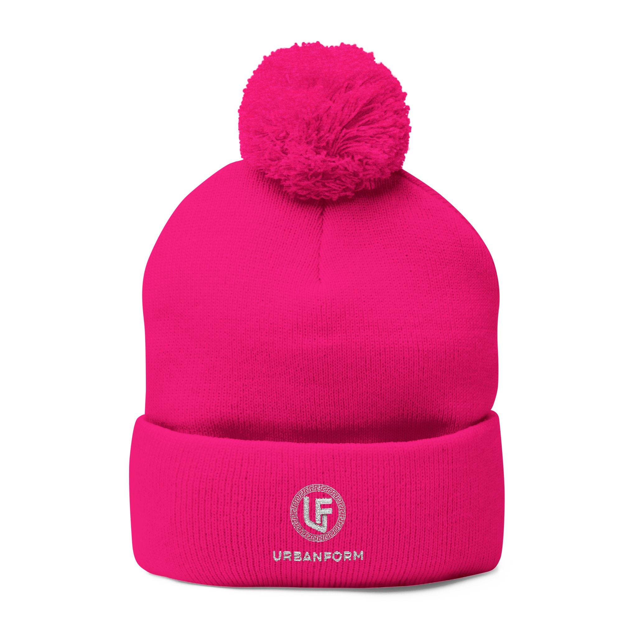URBANFORM Embroidered Pom-Pom Beanie | Cozy Winter Knit Cap