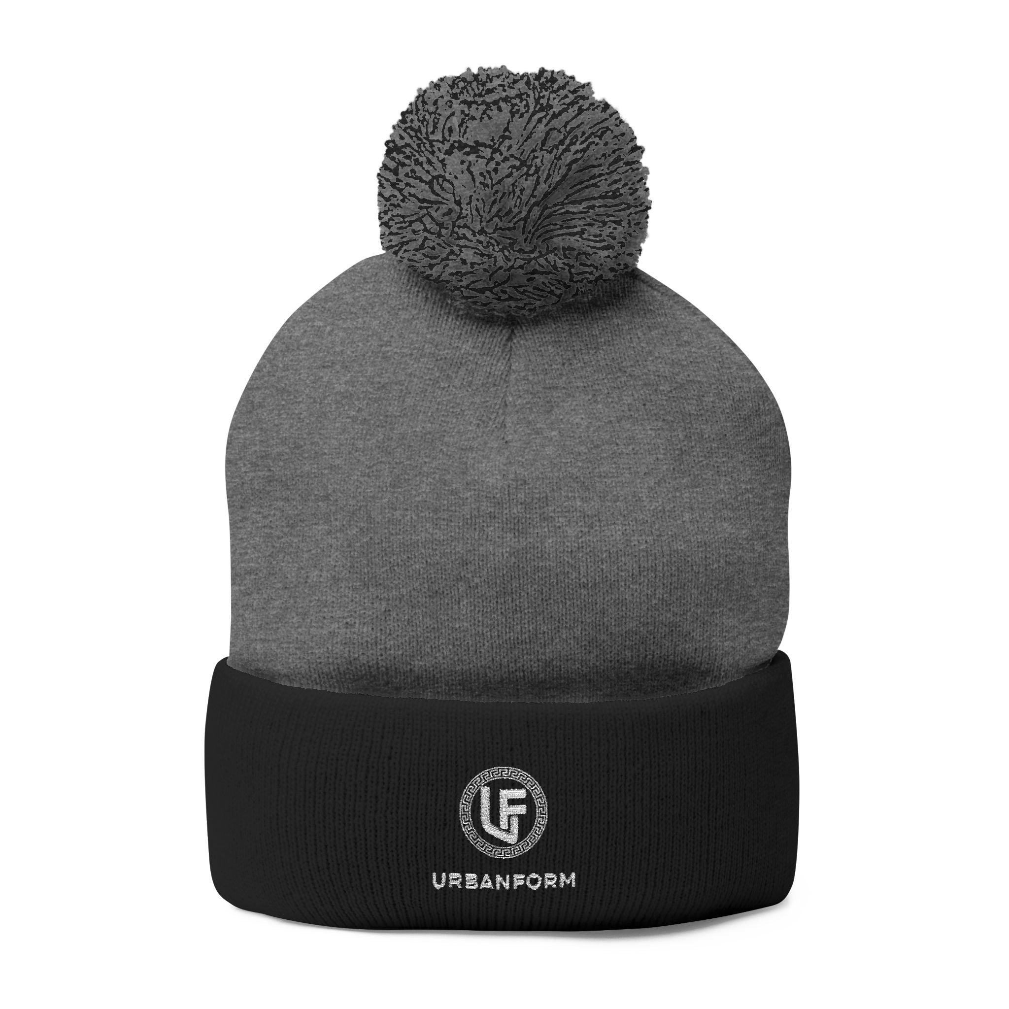 URBANFORM Embroidered Pom-Pom Beanie | Cozy Winter Knit Cap