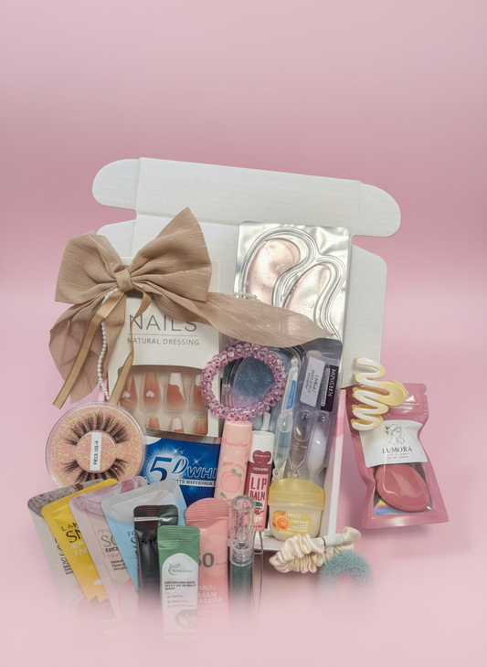 Professional mystery box photo with improved lighting and soft pastel pink background showing all beauty products
